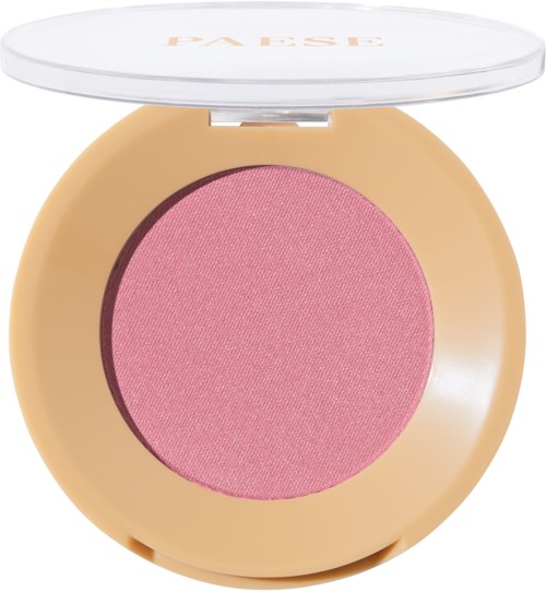 Pink blush i en rund kompakt eske med gjennomsiktig lokk.