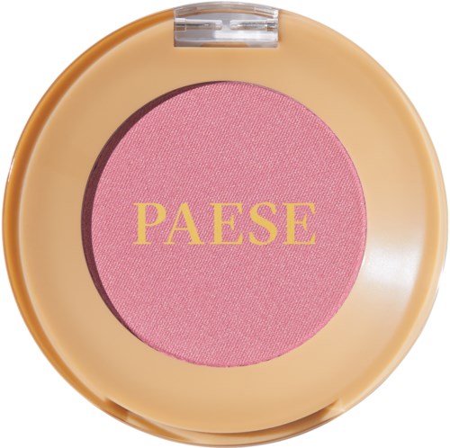 Rund beholder med rosa blush innvendig, merket 'PAESE' i gult, med gjennomsiktig lokk.