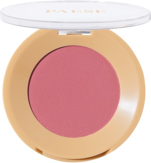 Rund makeup-rougebeger med rosa rouge inni og klar lokk.