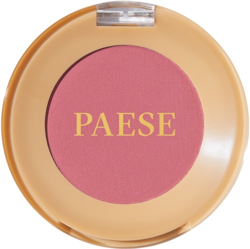 Rundt kompakt med rosa blush og gul 'PAESE'-tekst i midten.