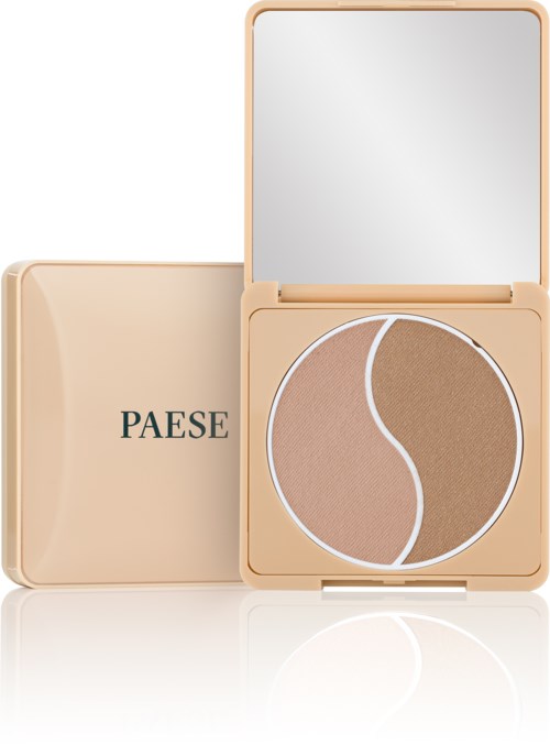 En liten makeup-palett med to nyanser og speil, merket "PAESE" på coveret.