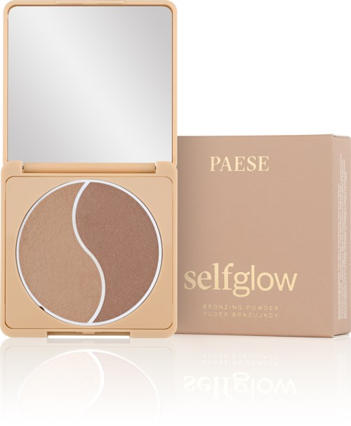 Ein kompakter Make-up-Koffer mit zwei Puder-Shades und einem Spiegel, gekennzeichnet mit Self Glow, von Paese.