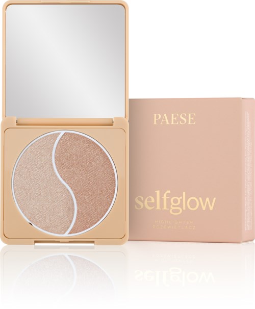 Ein beiger Kabinett mit Spiegel und zwei Highlighter-Tönen in einer rosa Box mit der Aufschrift 'selfglow' von PAESE.