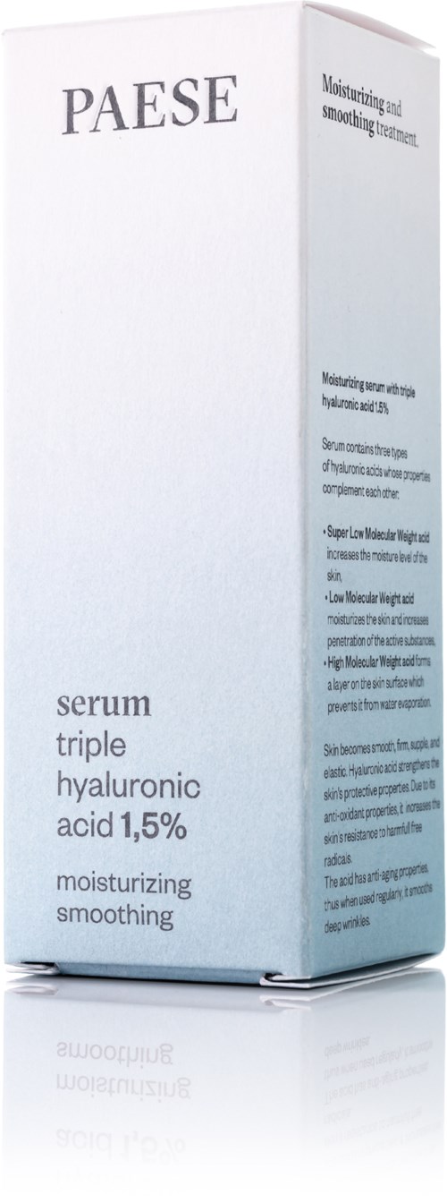 A white box with the word PAESE; describes hyaluronic acid serum for moisturizing and smoothing skin.
