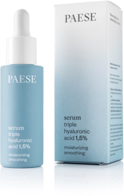 A blue serum bottle and a matching box, both labeled 'PAESE' with details about hyaluronic acid for moisturizing.