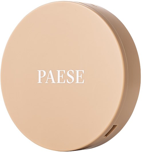 Ett runt beige kosmetikförpackning med ordet 'PAESE' tryckt på.