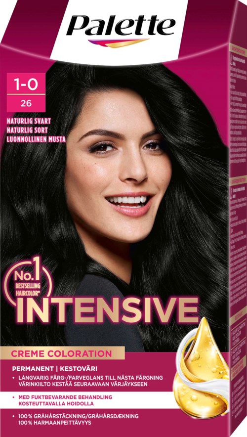 En hårfargeeske viser en smilende kvinne med mørkt hår, merkevaren Palette og ulike produkts detaljer.