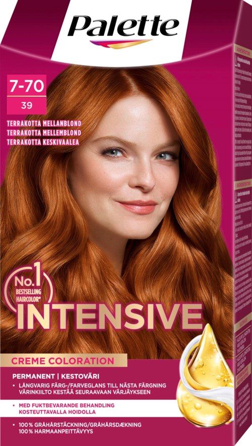 A hair dye box shows a woman with long, shiny red hair. Text highlights hair color number and product details.