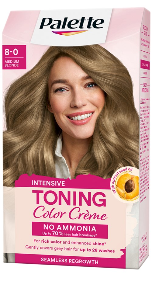 En hårfärgningsförpackning med en leende kvinna som visar glänsande, blont hår. Märket är Palette, och den erbjuder toningskräm för blont hår.
