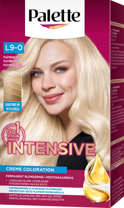 En hårfargingsboks med en kvinne med blond, bølget hår og rosa bakgrunn med produktdetaljer og logo.