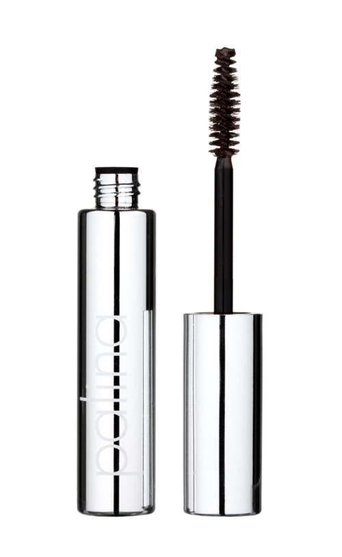 En genomskinlig mascara-rör med en svart borste som sticker ut.