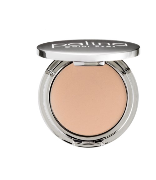 En rund sminkkompakt med beige puder inuti och ett silverlock som säger 'Palladio.'