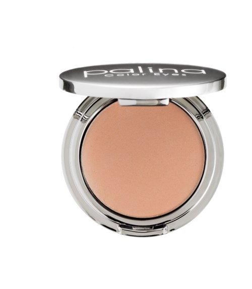 En kosmetisk liten ask med beige puder och silverfäste, öppen med locket ovanpå.