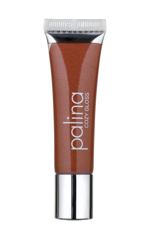 En liten leppeglossrør merket 'pallina cozy gloss' i brunt med sølvhette.
