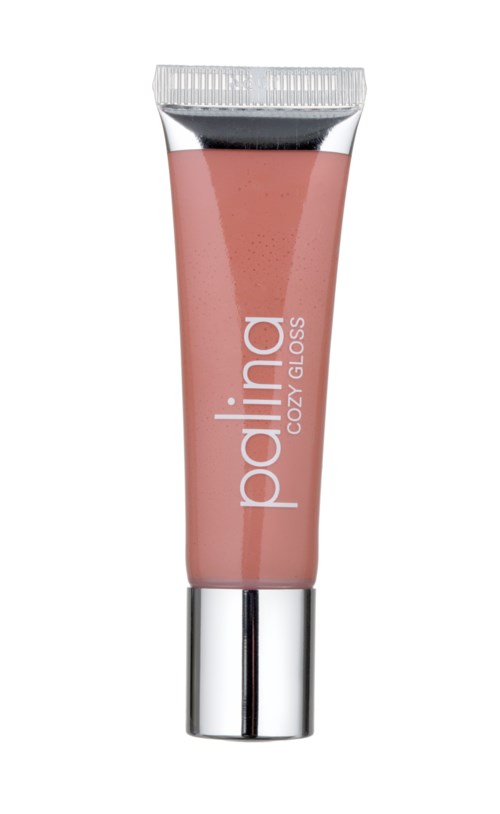 En liten tub med rosa gloss med en silverlock, märkt "polina cozy gloss."
