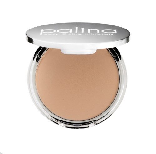 En kompakt beige puder i ett runt silverfärgat skal med lock som säger 'baling'.