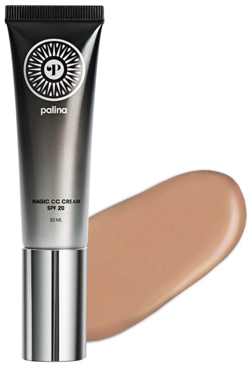 En tub med Palina Magic CC Cream med SPF 20 och en nyans av beige foundation eller kräm bredvid.