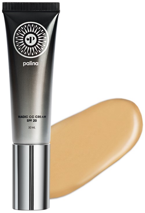 En tub med Palina Magic CC Cream med SPF 20, med en beige strimma bredvid.