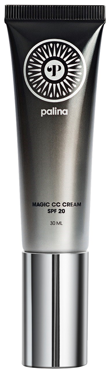 En tub med Palina Magic CC Cream med SPF 20 och storlek 30 ml, svart och silver förpackning, och logga högst upp.