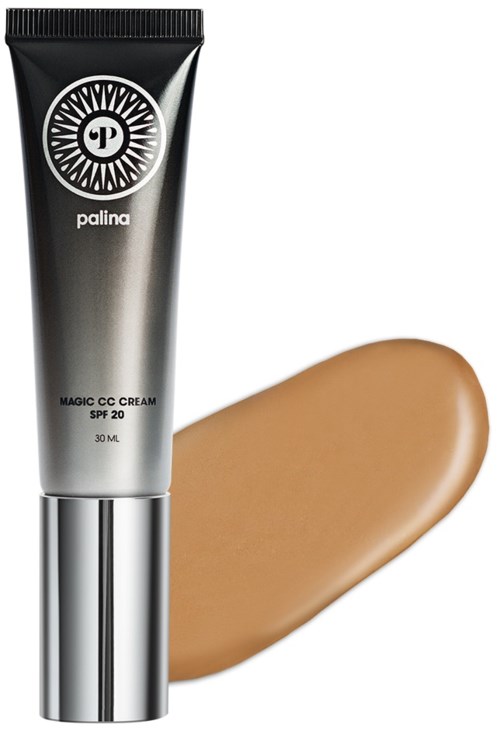 En svart och silver tub med Palina Magic CC Cream med SPF 20, bredvid en svärm av ljusbrun foundation.