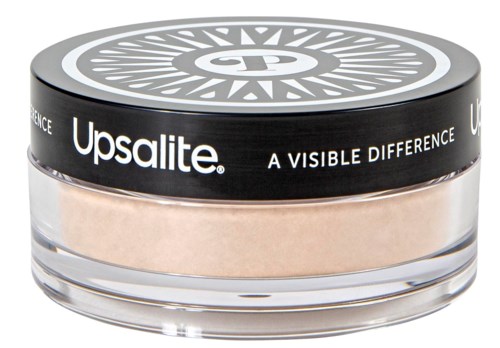 En liten rund beholder med svart lokk merket 'Upsalite' og krem inni. Lokket har et sirkulært design.