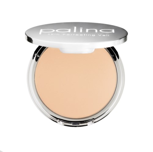 En rund kompakt med beige puder och vit lock med texten 'pallina'.