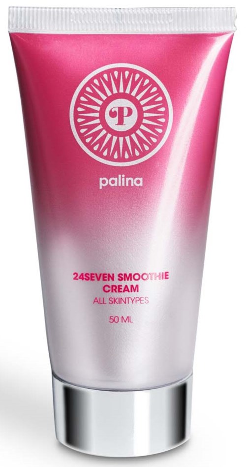 Rosa og hvit tube med hudpleie krem, merket '24Seven Smoothie Cream' for alle hudtyper, 50 ml.