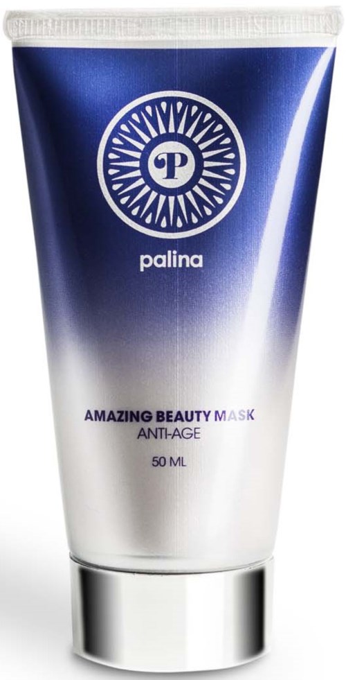 En blå og hvit tube med logo, merket som ansiktsmaske for anti-aldring, inneholder 50 ml produkt.