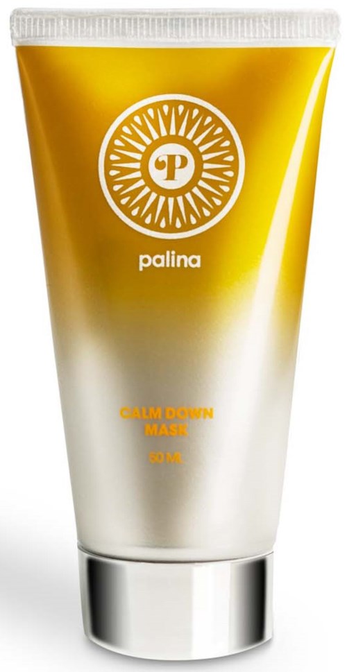 En tube med ansiktsmaske i gull og sølvfarger, med teksten 'palina' og 'calm down mask'.