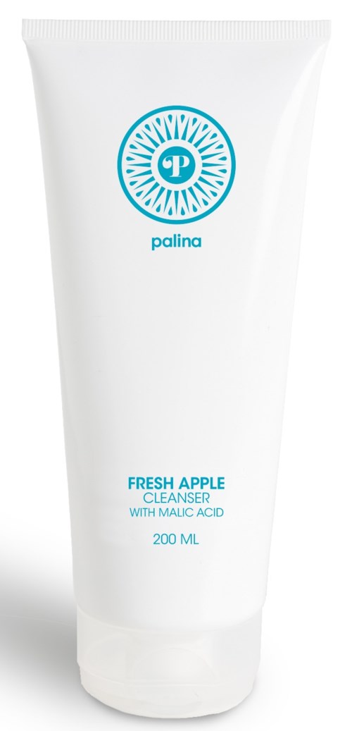 En hvit tube med blå tekst og logo. Den står "Palina Fresh Apple Cleanser med Malic Acid, 200 ML."