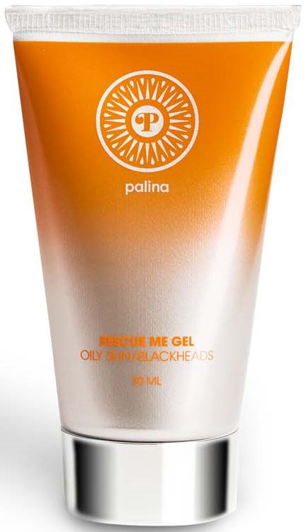 En tub med Palina Rescue Me Gel för oljig hud och blackheads, orange och vit design med silverlock.