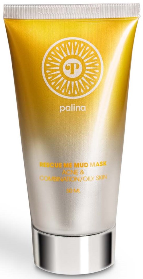 Gul og hvit tube med ansiktsmaske for acne og oljig hud, merke Palina. 30 ml. Power-logo øverst.