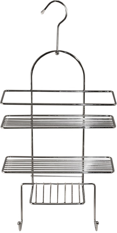 A metal shower caddy with three shelves and a hook, designed to hang in a bathroom.