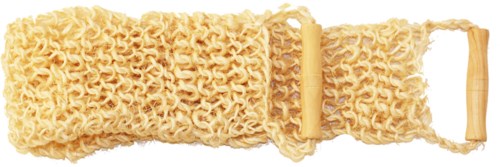 Ein beiger, lockiger Gürtel mit Kunststoffschnalle und Schlaufe, zum Umsetzen um die Taille.