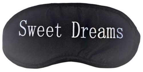 Eine schwarze Schlafmaske mit den Worten "Sweet Dreams" in weißen Buchstaben.