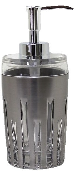 Ett glasdispenser för tvål med metallkopp och pump.