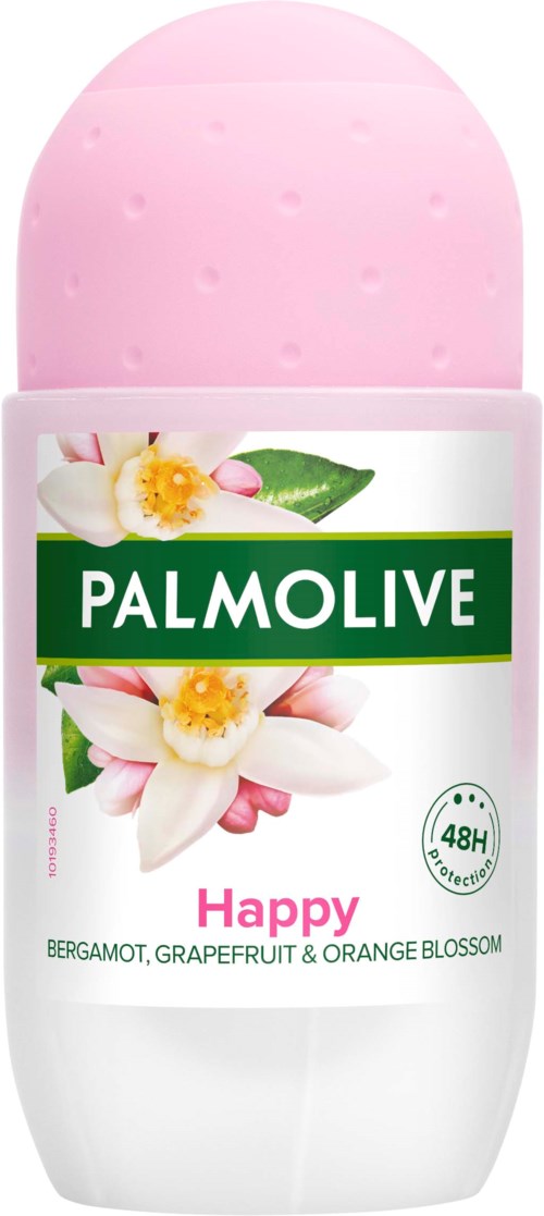 En lyserød og hvid roll-on deodorant med en blomsterlabel, der viser dufte af bergamot, grapefrugt og appelsinblomst.