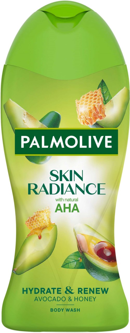 A green bottle of Palmolive Skin Radiance body wash with natural AHA, avocado, and honey for hydration.