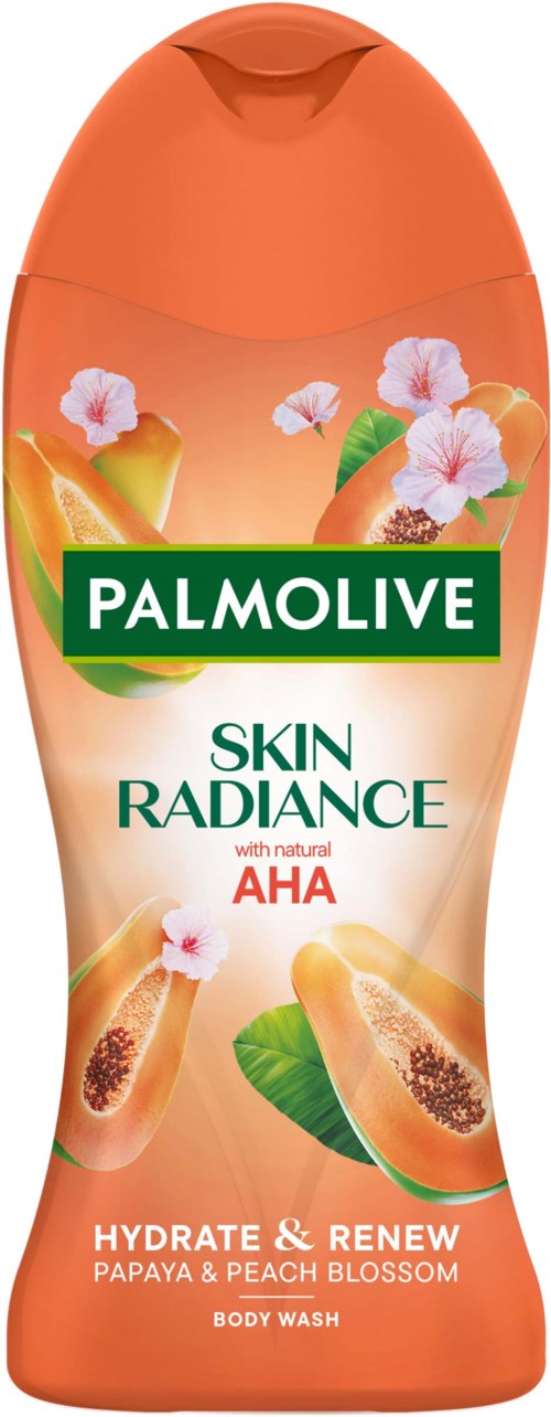 En flaske Palmolive kropsvask med papaya og ferskenblomsterduft, med billeder af frugt og blomster.