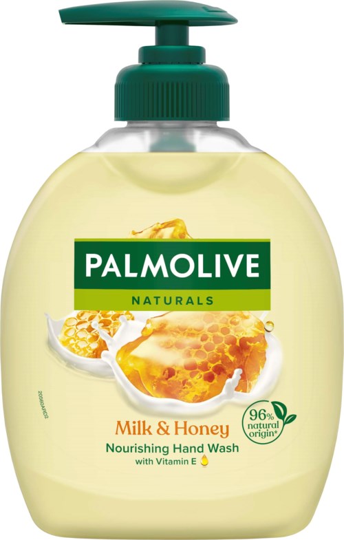 Palmolive nærende håndsåpe med melk og honning, grønn pumpe og gul væske.