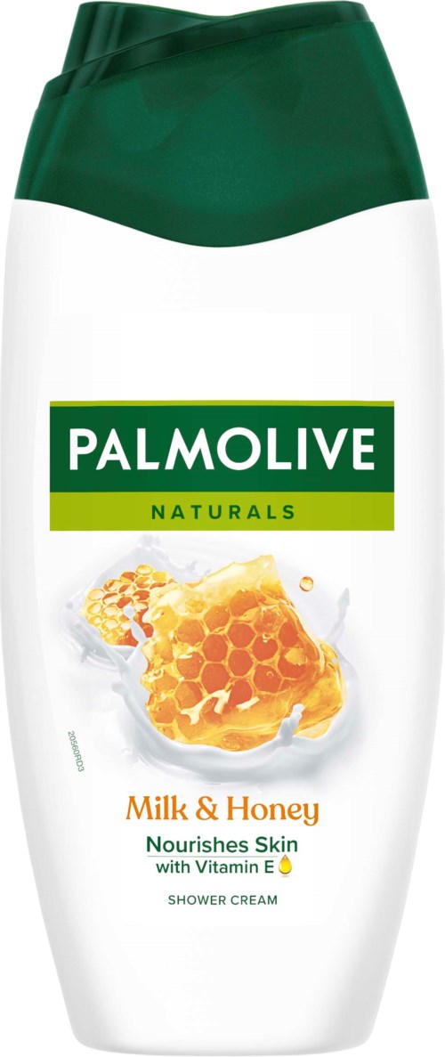 En vit duschkrämflaska med grönt lock, etiketten säger Palmolive Naturals Milk & Honey, närar huden, vitamin E.