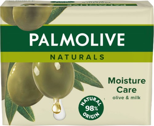 En låda Palmolive Naturals Moisture Care tvål med oliver och mjölk, med oliver och blad på förpackningen.