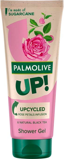 Eine pink-grüne Tube Palmolive UP! Duschgel mit Rosenblüten und Schwarzteeduft, aus recycelten Materialien.