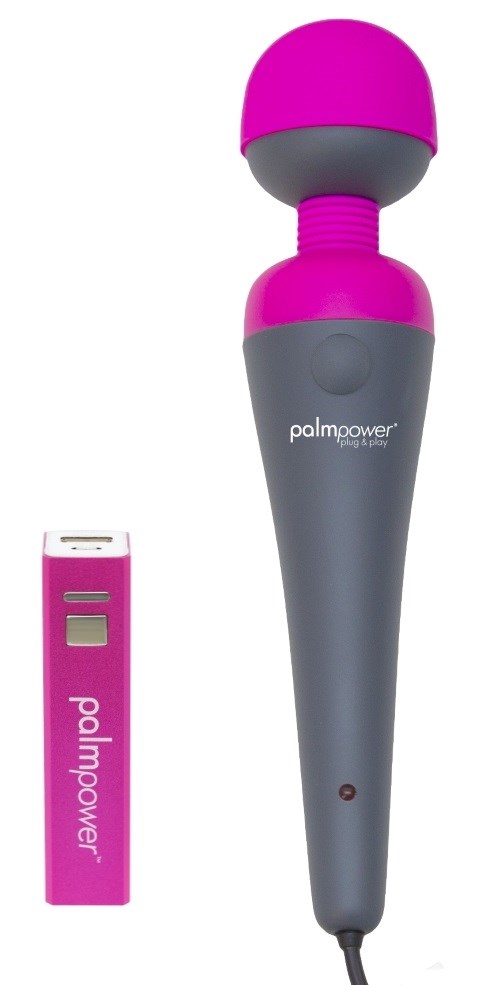 A pink and gray portable massager with a remote control labeled 'PalmPower'.