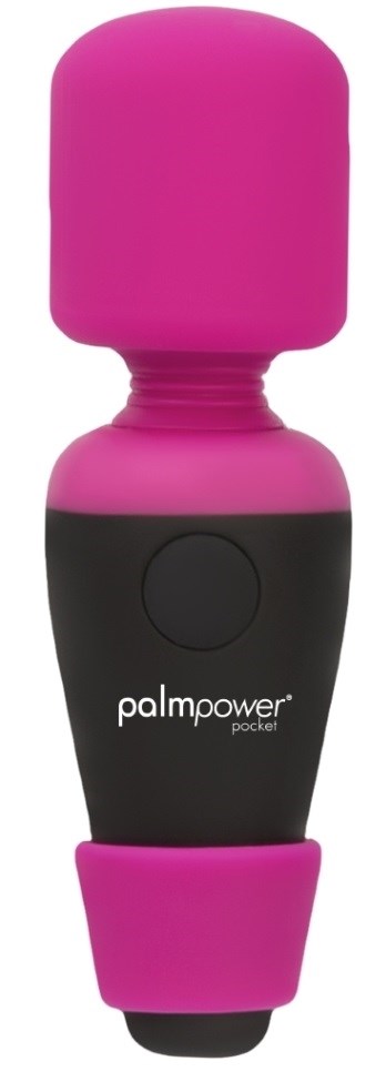 A small pink and black handheld device with a large pink massage head, labeled 'PalmPower Pocket.'
