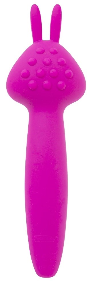 Pink toy with a rabbit face and textured head, long handle, and two ears on top.