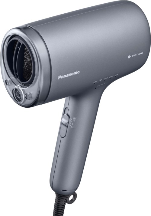 Szary suszarka do włosów Panasonic z rączką, przyciskami i okrągłym wylotem powietrza. Z logo Panasonic.