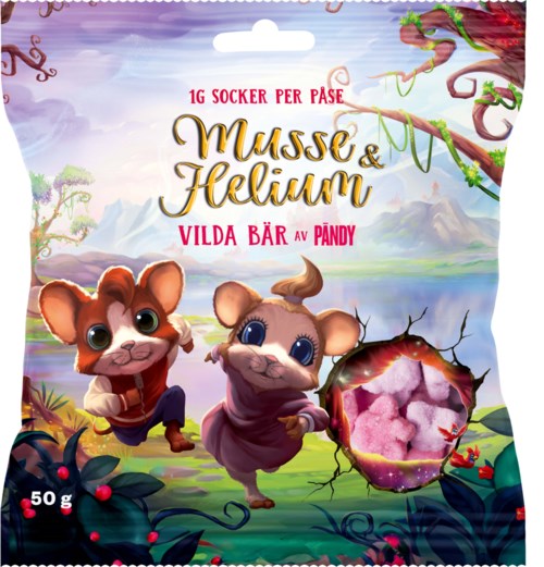 Kleurrijke verpakking met twee schattige muizen, bessen en een vrolijke, fantasierijke achtergrond.