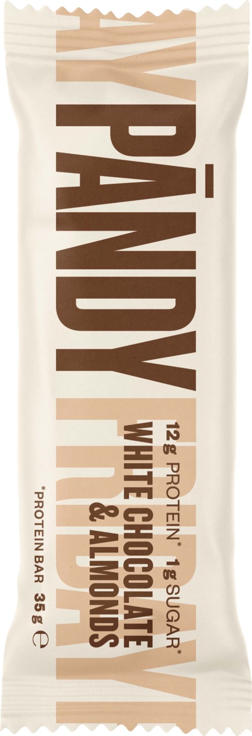 Proteiinipatukka nimeltä 'MY PANDY'. Se on valkosuklaa ja mantelit maku, ja sisältää 12 g proteiinia, 13 g sokeria ja 8 g rasvaa.