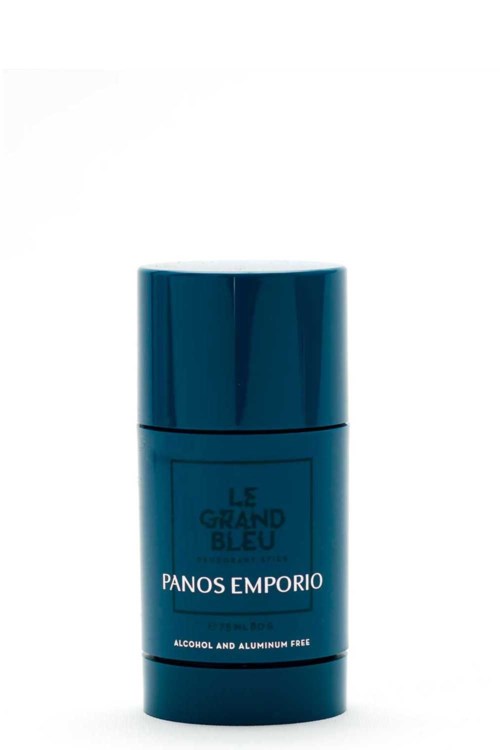 En blå cylindrisk flaska med text, som visar en kosmetisk produkt som heter Pano Emporio Le Grand Bleu.
